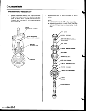 Page 722
Gountershaft
Disassembly/Reassembly
1. Remove the reverse selector hub and countershaft
4th gear using a universal two-jaw lor three-jaw)
puller as shown. Place a shaft protector between
the puller and countershaft to prevent damaging
the countershaft.
{Commercially available)
REVERSESELECTOR HUB
.TH GEAR
14-206
2. Assemble the parts on the countershaft as shown
below.
NOTE;
. Lubricate all parts with ATF during reassembly.
. Before installing the O-rings. wrap the shaft
splines with tape to prevent...