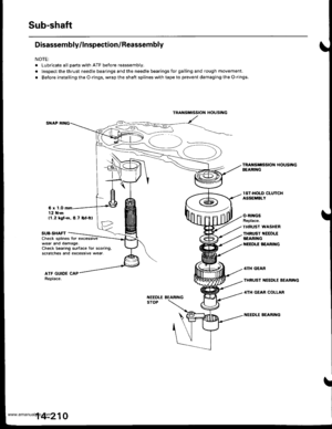 Page 726
Sub-shaft
Disassembly/lnspection/Reassembly
NOTE:
. Lubricate all parts with ATF before reassembly.
. Inspect the thrust needle bearings and the needle bearings for galling and rough movement.
. Before installing the O-rings, wrap the shaft splines with tape to prevent damaging the O-rings.
6 x 1.0 mrr12 1{.mll.2 ksl.m, 8.7 lbt.ftl
SUB.SHAFTCheck splines tor excessivewear ano damage,Check bearing surlace for scoring,scralches and excessive wear-
t{EEDLE BEARINGSTOP
IST.HOLO CLUTCHASSEMBLY...