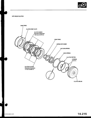 Page 731
lST-HOLD CLUTCH
thickness:
RETURN SPRING
c
/
LUTCH PISTON
O.RINGS
14-215
www.emanualpro.com  