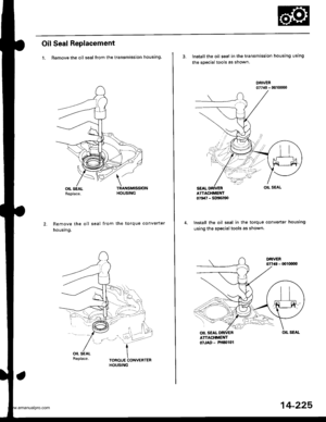 Page 741
Oil Seal Replacement
1. Remove the oil seal from the transmission housing.
OIL SEALReplace.
Remove the oil seal from the torque converter
housing.
OIL SEALReplace.TOROUE CONVERTERHOUSING
-.].
3. lnstall the oil seal in the transmission housing using
the special tools as shown.
DRIVER077a9 - 0010000
ATTACHMEMT079r? - slx[ax)
4.Install the oil seal in the torque converter housing
using the specialtools as shown.
14-225
www.emanualpro.com  