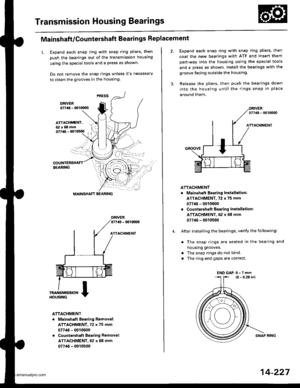 Page 743
Transmission Housing Bearings
Mainshaft/Countershaft Bearings Replacement
1. Expand each snap ring with snap ring pliers, then
push the bearings out of the transmission housing
using the special tools and a press as shown.
Do not remove the snap rings unless its necessary
to clean the grooves in the housing.
DFIVER077a9 - 001(xx)o
ATTACHMENT
ATTACHMENT
. Mainshaft Bearing Romoval:
ATTACHMENT, 72 x 75 mm
077/16 - 0010600
. Countqrshaft Bearing Removal:
ATTACHMENT, 62 x 68 mm
07746 - 0010500
MAINSHAFT...