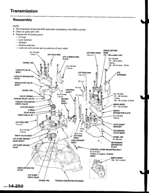 Page 766
Transmission
Reassembly
NOTE:
. The illustration shows the 4WD automatic transmission; the 2WD is similar.. Clean all parts with ATF.. Replace the following parts:- O-rings- Lock washers- Gaskets- Sealing washers- Locknuts and conical spring washers of each shaft
ATF FEED PIPE
/
ATF FEED PIPES145 mm
SERVO DETENTBASE(37 -98 modeb onlylATF LUBRICATIONPLATE6x1.0mm
2 Bolts99 - 00 models: 1 Bolts
LOCK.UP VALVEBODY
LOCK.UP SEPARATORPLATE
REGULATOR VALVEBODY
DOWEL PIN
DOWEL PIN
VALVE SPRING
STATOR SHAFT
-...