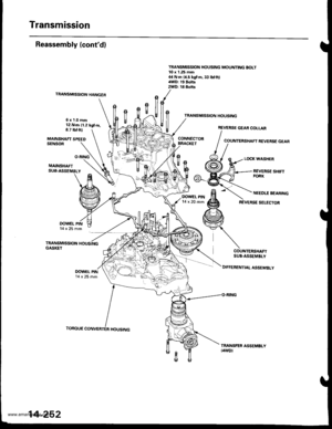 Page 768
Transmission
Reassembly (contd)
TRANSMISSION HANGER
6xl.0mm12 N.m (1.2 kgl.m,8.7 rbt.ft)
MAINSHAFT SPEEDSENSOB
TRANSMISSION HOUSING MOUNNNG BOLT10 x L254,1 N.m {/4WD: 192WD: 18
t
f,
llf, l
gil /
COUNTERSHAFT BEVERSE GEAB
LOCK WASHER
MAINSHAFTSUB.ASSEMBLY
OOWEL PIN14x25mm
TRANSMISSION HOUSINGGASKET
DOWEL PIN14x25mm
REVERSE SHIFTFORK
DOWEL PIN14 x 20 rnm
NEEDLE BEARING
REVERSE SELECTOR
COUNTERSHAFTSUB.ASSEMBLY
DIFFERENTIAL ASSEMBLY
TRANSFES ASSEMBLY(4wDl
14-252
www.emanualpro.com  