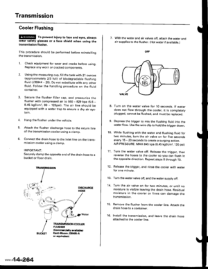 Page 780
Transmission
Cooler Flushing
@@ To prevent in;ury to face and eyos, atwayswear safety glasses ot a face shield when using thetlansmission flusher.
This procedure should be performed before reinstallingthe transmission.
2.
LCheck equipment for wear and cracks before using.Replace any worn or cracked components.
Using the measuring cup. fill the tank with 21 ounces{approximately 213 lull) ol biodegradable flushingfluid (J35944 - 20). Do not substitute with any otherfluid. Follow the handling procedure on...