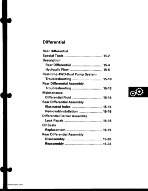 Page 791
Differential
Rear Differential
Special Tools .......... ...........15-2
Description
Rear Differential ................................. 15-4
Hydraulic Flow ............ ,.. 15-6
Real-time 4WD-Dual Pump System
Troub|eshootin9 ................................. 15-10
Rear Differential Assembly
Troubleshooting ................................. 15-13
Maintenance
Differential Fluid ........... . 15-14
Rear Differential Assembly
lllustrated Index .......... .. 15-15
Removal/lnstallation .... 15-16
Differential...