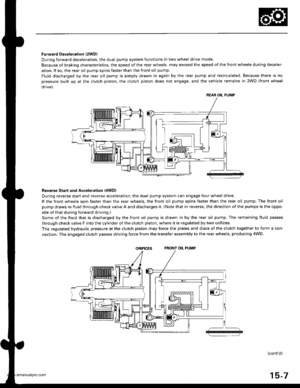 Page 797
Forward Deceleration l2WDl
During forward deceleration, the dual pump system functions in two wheel drive mode.
Because of braking characteristics, the speed of the rear wheels may exceed the speed ol the front wheels during deceler-
ation. lf so, the rear oil pump spins faster than the front oil pump.
Fluid discharged by the rear oil pump is simply drawn in again by the rear pump and recirculated. Because there is no
pressure built up at the clutch piston. the clutch piston does not engage, and the...