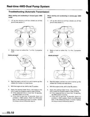 Page 800
Real-time 4WD-Dual Pump System
Troubleshooting (Automatic Transmissionl
When starting and accelerating in forward gesrs {4WDmodel
1. Lift up the vehicle so all four wheels are off theground (see section 1).
2. Make a mark on either No.
shaft.
I or No.2 propeller
PROPELLER SHAFT
Start the engine, and let it run until it warms up (the
radiator fan comes on at least twice).
With the engine at idle. shift to the E position.
Apply the parking brake firmly. and measure thetime it takes the propeller shaft to...