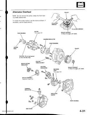 Page 81
,T
Alternator Overhaul
NOTE: Do not remove the pulley unless the front bear-
ing needs replacement.
To loosen the pulley locknut, use the tools as shown. lf
necessary, use an impact wrench.
PULLEY LOCKNUT111 N.m (11.3 kgf.m,81.7 lbf.ft)
FRONT BEARING
CAUTION: Do not get grease
or oil on the slip rings.
BRUSH HOLDERINSULATOB
^.^t%THROUGH BOLT
PULLEY
PULLEY LOCKNUT111 N.m {11.3 kgf.m, 81.7 lbf,ft)RECTIFIERASSYTest. page 4 32
PULLEY
BEARING INSULATOR
COVER
REAR HOUSING
4-31
www.emanualpro.com  