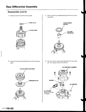 Page 812
Rear Differential Assembly
Disassembly (contdl
9. Remove the shim and the clutch quide.
dHIM30mm
CLUTCH GUIDE
Remove the clutch hub/plates/discs and the pressure
prare.
10.
CLUTCH HUB/PLATES/OISCS
k
ffi-:* 
_zz PRESSURE PLArE
@-
15-22
11. Remove the thrust needle bearing and the oil pump
driveshaft.
Remove the oil pump body assembly, the oil pump
pin, the magnet, and the oil strainer.
OIL PUMP BODY ASSEMBLY
MAGNET
OIL PUMP PIN
12.
OIL STRAINERInspect for damageor clogging.
www.emanualpro.com  