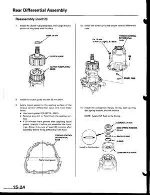 Page 814
Rear Differential Assembly
Reassembly (contdl
7. Install the clutch hub/plates/discs, then align the pro-
jection of the plates with the discs.
M, 30 mm
CLUTCH GUIDE
sHl
,/
.A-\,/r\-7
8.
9.
CLUTCH HUA/PLATES/Dtscs
Installthe clutch guide and the 30 mm shim.
Apply liquid gasket to the sealing surface of the
torque control differential case, and note these
rlems:
. Use liquid gasket (P/N 08718 - 0001).
. Remove any dirt or fluid from the sealing sur-
face.
. lf 20 minutes have passed after applying...