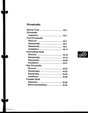 Page 816
Driveshafts
Special Tools .......... ........... 16-2
Driveshafts
Inspection ...................... l6-3
Front Driveshafts
Removal .... 16-3
Disassembly ................... 16-5
Reassembly .................... 16-g
Installation ..................... 16-17
Intermediate Shaft
Removal .... 16-19
Disassembly ................... 16-19
Reassembly .................... 16-20
Installation ..................... 16-21
Rear Driveshafts
Removal .... 16-22
Disassembfy ................... 16-22
Reassembfy...