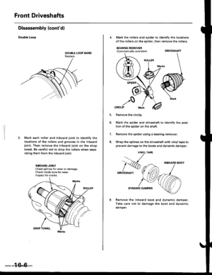 Page 821
Front Driveshafts
Disassembly (contd)
Double Loop
Mark each roller and inboard joint to identify the
locations of the rollers and grooves in the inboardjoint. Thon remove the inboard ioint on the shop
towel. Be careful not to drop the rollers when sepa-
rating them from the inboard joint.
INBOARD JOINTCheck splines for wear or damage.Check inside bore for wear.Inspect for cracks.
16-6
4, Mark the rollers and spider to identify the locstions
of the rollers on the sDider, then remove the rollers.
BEARING...