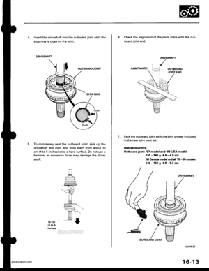 Page 828
4. lnsert the driveshaft into the outboard ioint until the
stop ring is close on the joint.
DRIVESHAFT
To completely seat the outboard joint, pick up the
driveshaft and joint. and drop them from about 10
cm (4 to 5 inches) onto a hard surface, Do not use a
hammer as excessive force may damage the drive-
shaft.
i/,,,t| :l,r;;:,:.i,,1;/l
6. Check the alignment of the paint mark with the out-
board joint end.
DRIVESHAFT
1.Pack the outboard joint with the joint grease included
in the new joint boot set....