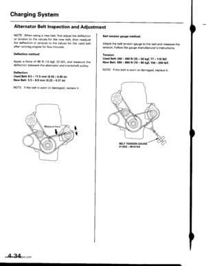 Page 84
Charging System
Alternator Belt Inspection and Adjustment
NOTE: When using a new belt, first adjust the deflectionor tension to the values for the new belt, then readjustthe deflection or tension to the values for the used beltafter running engine for five minutes.
Deflection methodi
Apply a force of 98 N (10 kgt,22lbll, and measure thedeflection between the alternator and crankshaft pulley.
Detlection:
Used Belt:8.5 - 11.5 mm (0.33 - 0.45 inlNew Beft: 5.5 - 8.0 mm 10.22 - 0.31 inl
NOTEr lf the belt is...