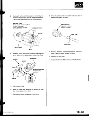 Page 838
3. Mark each roller and inboard joint to identify the
locations of rollers and grooves in the inboard joint.
Then remove the inboard joint on the shop towel.
INBOARD JOINTCheck splines and driveshaft ringfor wear or damage,Check inside bore for wear.Inspect {or cracks,DRIVESHAFT RING
M.rks
SHOP TOWEL
Mark the rollers and spider to identify the locations
of the rollers on the sgider, then remove the rollers,
ROLLER
Remove the circlip.
Mark the spider and driveshaft to identify the posi-
tion of the...