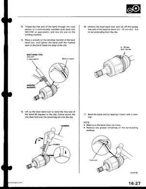 Page 842
13.
14.
Thread the free end of the band through the nose
section of a commerciallv available boot band tool(KD-3191 or equivalent), and into the slot on the
winding mandrel,
Place a wrench on the winding mandrel of the boot
band tool, and tighten the band until the marked
spot on the band meets the edge of the clip.
BOOT BAND TOOL(KD-3191
or equivalent)Mark on band.
WINDINGMANDREL
Lift up the boot band tool to bend the free end of
the band 90 degrees to the clip, Center-punch the
clip, then fold over...