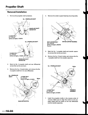 Page 845
Propeller Shaft
RemovaUlnstallation
1, Remove the propeller shaft protectors.
No. 1 PROPELLER SHAFT
PROPELLER SHAFTPROTECTOR
FLANGE BOLTI x 1 .25 mm22 N.m (2.2 kg{.m. 16lblft)
2.
No. 2 PROPELLER SHAFT
FLANGE BOLT8 x 1.25 mm22 N.m 12.2 kgf.m, 16lbf.ft)
PNOPELLER SHAFTPROTECTOR
Mark the No. 2 propeller shaft and rear differsntial
across their joints as shown.
Remove the four 12-point bolts. and remove the No.
2 propeller shaft from the rear differential.
No.2 PROPELLERSHAFT12.POINT BOLT8 x 1.25 mm32 N.m...