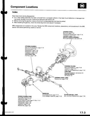 Page 848
Component Locations
lndex
Note these items during disassembly: lf an intact airbag assembly has been removed from a scrapped vehicle or has been found defective or damaged dur-ing transit, storage or service. it should be deployed (see section 24),a Before removing the gearbox, remove the driver.s airbag assembly and steering wheel.. After installing the gearbox, check the wheel alignment and adjust if necessary.
SRS components are located in this area. Review the SRS component locations, precautions,...