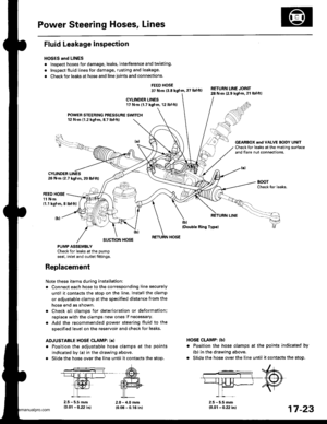 Page 868
Power Steering Hoses, Lines
Fluid Leakage Inspection
HOSES and LINES
. lnspect hoses for damage. leaks. interference and twisting
. Inspect fluid linesfor damage, rusting and leakage.
. Check for leaks at hose and line joints and connections.
FEED HOSE37 N.m 13.8 kgf.m, 27 lbtft)RETURN LINE JOINT28 N.m (2.9 kgf.m.21 lbf.ftl
CYLINDER LINES17 N.m (1.7 kgf.m. 12 lbf.ftl
FOWER STEERING PRESSURE SWITCH12 N.m (1.2 kgf.m,8.7 lbtft)
26 N.m (2.7 kgf.m, 20 lbf.ft)
GEARBOX .nd VALVE BODY UNllCheck for leaks at the...