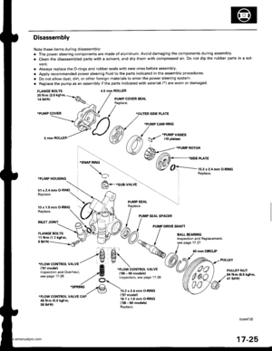 Page 870
Disassembly
Note these items during disassembly:
. The power steering components are made of aluminum, Avoid damaging the components during assembly.
. Clean the disassembled parts with a solvent, and dry them with compressed air. Do not dip the rubber parts in a sol-
vent.
. Always replace the O-rings and rubber seals with new ones before assembly.
. Apply recommended power steering fluid to the parts indicated in the assembly procedures.
. Do not allow dust, dirt, or other foreign materials to enter...