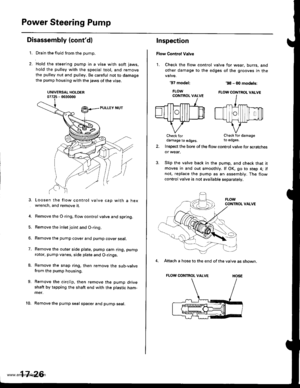 Page 871
Power Steering Pump
Disassembly (contdl
1.
7.
9.
10.
Drain the fluid from the pump.
Hold the steering pump in a vise with soft jaws.
hold the pulley with the special tool, and remove
the pulley nut and pulley. Be careful not to damagethe pump housing with the jaws of the vise.
UNIVERSAL HOLDER07725 - 0030000
Loosen the flow control valve cap with a hexwrench, and remove it.
Remove the O,ring, flow control valve and spring.
Remove the inlet joint and O-ring.
Remove the pump cover and pump cover seal....