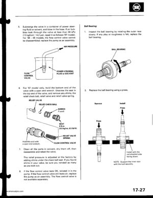 Page 872
5. Submerge the valve in a container of power steer-
ing fluid or solvent, and blow in the hose. lf air bub-
bles leak through the valve at less than 98 kPa
(1.0 kgflcm, 14.2 psi), repair it as follows (97 model).
For98 - 00 models, the flow control valve cannot
be disassembled; replace the pump as an assembly
AIR PRESSURE
POWER STEENINGFLUID or SOLVENT
6.For97 model only, hold the bottom end of the
valve with a open end wrench. Unscrew the seat in
the top end of the valve, and remove any shims, the...