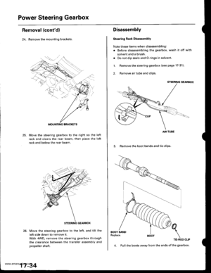 Page 879
Power Steering Gearbox
Removal (contdl
24. Remove the mounting brackets.
25.lvlove the steering gearbox to the right so the
rack end clears the rear beam, then place the
rack end below the rear beam.
left
left
Move the steering gearbox to the left, and tilt the
left side down to remove it.
With 4WD. remove the steering gearbox through
the clearance between the transfer assembly and
propeller shaft.
MOUNTING BRACKETS
STEEBING GEARBOX
17 -34
4. Pull the boots away from the ends of the gearbox....