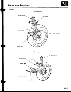 Page 901
Component Locations
Front Suspension:
Rear Suspension:
STABILIZER BAR
REAR OAMPER
LOWER ARM
STABILIZER BAR
LOWER ARM
UPPER ARM
COMPENSATOB ARM
TRAILING ARM
18-3
www.emanualpro.com  