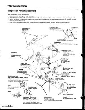 Page 906
Front Suspension
Suspension Arms Replacement
Note these items during replacement:
. Replace the self-locking nuts after removal.
. The vehicle should be on the ground before any bolts or nuts connected to rubber mounts or bushings are tightened.. Before tightening the upper and lower mounting nuts on the stabilizer link, adjusr the location of the link with the sus-pension under vehicle load.
. After insta lling the suspension arm, check the front wheel alignment, and adjust if necessary (see page...