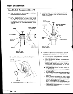 Page 912
Front Suspension
31.
Knuckle/Hub Replacement (contdl
Wash the knuckle and hub thoroughly in high flash
point solvent before reassembly,
Press a new wheel bearing into the knuckle using
the old b6aring, a plate. the special tool, and a
press. Place the wheel bearing on the knuckle with
the pack seal side facing (metal color) toward the
inside. Be careful not to damage the sleeve of the
Dack seal.
DOUBLE LIP SEALIBLACK COLORI
SUPPORT BASE0?965 - SD90t00
33. Install the circlip securely in the knuckle...