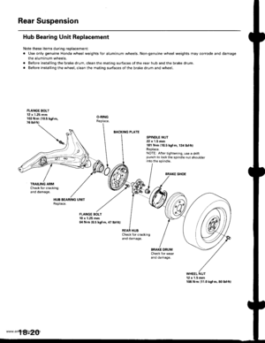 Page 918
Rear Suspension
Hub Bearing Unit Replacement
Note these items during replacement:
. Use only genuine Honda wheel weights for aluminum wheels. Non-genuine wheel weights may corrode and damage
the aluminum wheels.
. Before installing the brake drum, clean the mating surfaces of the rear hub and the brake drum.
. Before installing the wheel, clean the mating surfaces of the brake drum and wheel.
FLANGE BOLI12 x 1,25 mm103 N.m 110.5 kgf.m,76 tbtfr)
BACKING PLATE
SPINDI-E NUT22 x1.5 mm181 N.m {18.5 kgf.m,...