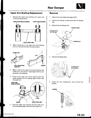 Page 921
Rear Damper
1.
Upper Arm Bushing Replacement
Remove the upper arm bushing and upper arminner bushing as shown.
UPPER ARM INNER BUSHING UPPER ARM AUSHIT{G
Mark a scribe line on the upper arm inner bushing
so it is in line with the bolt mounting surface.
BOLT MOUNTII{GSURFACE
Make a mark on the upper arm at two points so the
marks are in line and at a right angle with the arm
as shown in the drawing.
Drive in the upper arm inner bushing with themarks aligned until the leading edge is flush with
the uoDer...