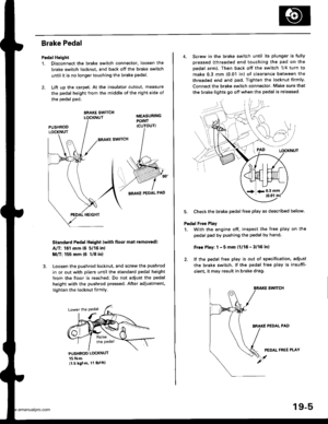 Page 929
Brake Pedal
Pedal Hoight
1. Disconnect the brake switch connector, loosen the
brake switch locknut, and back off the brake switch
until it is no longer touching the brake pedal.
2. Lift up the carpet, At the insulator cutout, measure
the pedal height from the middle of the right side of
the oedal pad.
BRAKE SWITCH
ERAKE SWITCH
Standard Pedal Height (with floor m8i removed):
A/T: 161 mm (5 5/16 in)
M/T: 155 mm {6 U8 in}
Loosen the pushrod locknut, and screw the pushrod
in or out with pliers until the...