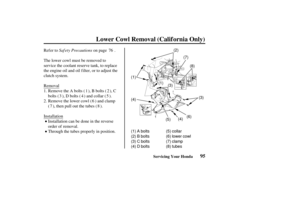 Page 104(2)(3)
(4)
(1)
(4)
(5)(8)
(7)
(6)
(1) A bolts
(2) B bolts
(3) C bolts
(4) D bolts (1)
(3)
(5) collar
(6) lower cowl
(7) clamp
(8) tubes
95Servicing Your Honda
Lower Cowl Removal (Calif ornia Only)
Saf ety Precautions
Refer to on page .
The lower cowl must be removed to
service the coolant reserve tank, to replace
the engine oil and oil f ilter, or to adjust the
clutch system.
Through the tubes properly in position. Installation can be done in the reverse
order of removal.
Installation Remove the A bolts...