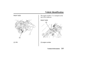 Page 224RIGHT SIDE(3) engine number
(2)
(2) VIN RIGHT SIDE
(3)
215
Vehicle Identif ication
Technical Information
The engine number ( ) is stamped on the
top of the crankcase. 3
——
y
y
yy 