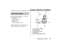 Page 34(1)(2)
(1) multi-function display
(2) speedometer
(3) odometer/tripmeter
(4) digital clock
(5) coolant temperature meter (5)
(4)(3)
25
Multi-f unction Display
Gauges, Indicators & Displays
Instruments & Controls
The multi-function display ( ) includes
the f ollowing f unctions:
Both the digital clock and tripmeter will
reset if the battery is disconnected.
1
speedometer
odometer/tripmeter
digital clock
coolant temperature meter
——
yy
yy 