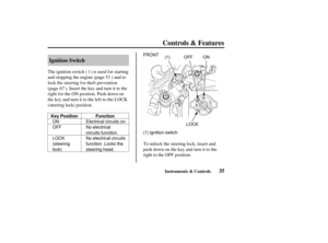 Page 44ON
OFFElectrical circuits on.
No electrical
circuits function.
No electrical circuits
function. Locks the
steering head.
LOCK
(steering
lock) FRONT
(1) ignition switch
O OF
FF
F
LOC
 K O
ON
N
(1
)
Key Position Function
35
Ignition Switch
Controls & Features
Instruments & Controls
The ignition switch ( ) is used for starting
and stopping the engine (page ) and to
lock the steering for theft prevention
(page ). Insert the key and turn it to the
right f or the ON position. Push down on
the key and turn it...