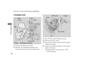 Page 111Electrical Trouble u Burned-out Light Bulb
108
Troubleshooting
❙Headlight Bulb
1.Remove the bolts and collars.
2.Remove the headlight assembly, then 
remove the prongs from the grommets.
3.Pull off the socket without turning.
4.Remove the dust cover.
5.Press the pin down and pull out the bulb 
without turning it.
6.Install a new bulb and parts in the reverse 
order of removal.
uInstall the dust cover with its “TOP” 
mark facing up.
Bolt
Prongs Grommets
Collar
Collar
Bolt
Headlight assembly
Bulb
TOP mark...