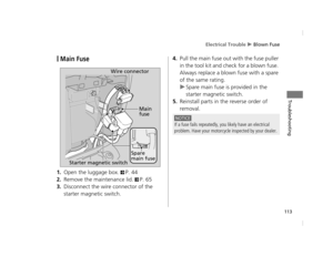 Page 116Electrical Trouble u Blown Fuse
113
Troubleshooting
❙Main Fuse
1.Open the luggage box. 2P. 44
2.Remove the maintenance lid. 2P. 65
3.Disconnect the wire connector of the 
starter magnetic switch.
4.Pull the main fuse out with the fuse puller 
in the tool kit and check for a blown fuse. 
Always replace a blow n fuse with a spare 
of the same rating.
u Spare main fuse is provided in the 
starter magnetic switch.
5.Reinstall parts in the reverse order of 
removal.
Starter magnetic switch Main 
fuse
Spare...