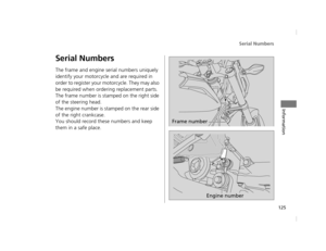 Page 128Serial Numbers
125
Information
Serial Numbers
The frame and engine serial numbers uniquely 
identify your motorcycle and are required in 
order to register your motorcycle. They may also 
be required when ordering replacement parts.
The frame number is stamped on the right side 
of the steering head.
The engine number is stamped on the rear side 
of the right crankcase.
You should record these numbers and keep 
them in a safe place.
Frame number
Engine number
12 NC700S (NM-1)-32MGS600.book  125 ページ...