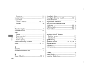 Page 133130
Index
Stopping ................................................ 116
Environment ............................................ 124
Equipment Owner’s Manual ............................... 46, 117
Tool Kit .................................................... 64
F
Flooded Engine ......................................... 34
Frame Number......................................... 125
Fuel Gauge ...................................................... 23
Recommended ......................................... 43...