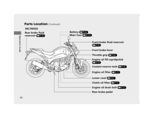 Page 2320
Parts Location (Continued)
Operation GuideRear brake fluid 
reservoir 
(P78)
Lower cowl (P67)
Front brake fluid reservoir (P78)
Throttle grip (P89)
Engine oil fill cap/dipstick 
(P70)
Engine oil drain bolt (P72)
Engine oil filter (P72)
Coolant reserve tank (P76)
Battery (P69)
Main fuse (P113)
Front brake lever
Rear brake pedal
(NC700SD)Clutch oil filter 
(P74)
12 NC700S (NM-1)-32MGS600.book  20 ページ  ２０１２年４月１８日　水曜日　午後６時１７分 