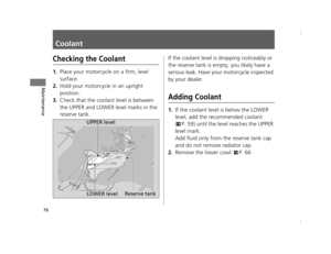 Page 7976
Maintenance
Coolant
Checking the Coolant
1.Place your motorcycle on a firm, level 
surface.
2.Hold your motorcycle in an upright 
position.
3.Check that the coolant level is between 
the UPPER and LOWER level marks in the 
reserve tank.If the coolant level is dropping noticeably or 
the reserve tank is empty, you likely have a 
serious leak. Have your motorcycle inspected 
by your dealer.Adding Coolant
1.If the coolant level is below the LOWER 
level, add the recommended coolant 
(
2P. 59) until the...