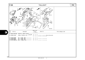 Page 119116
2012.02.20 E
F-30
  
 
TAILLIGHT
3
24 90525-030-000 WASHER B, HANDLE HOLDER
SETTING  
  2   2   2    
 
25 93903-24320 SCREW, TAPPING, 4X12  ••••••••   2   2   2  -------- -------- 2ED,2F,3E,ED,RU   4   4   4  -------- -------- U
26 94050-05000 NUT, FLANGE, 5MM  ••••••••••••   1   1   1 
27 94050-06070 NUT, FLANGE, 6MM  ••••••••••••   3   3   3  -------- -------- U
28 94050-06080 NUT, FLANGE, 6MM  ••••••••••••   5   5   5 
29 95701-06016-07 BOLT, FLANGE, 6X16  ••••••••••   2   2   2  --------...