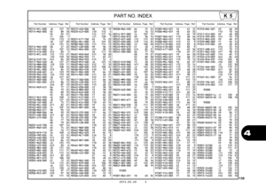 Page 1422012.02.20     E
139
PART NO. INDEX
Page Ref.
Part Number Address Page Ref. Part Number Address Page Ref.Part Number Address Page Ref.
Part Number Address Page Ref.
Part Number Address
4
90114-MFL-000 J8 127 19
90114-MGE-000 H2 89 18
 
H5 92 21
 
I1 104 7
 
I10 113 3
 
J8 127 20
 
J12 131 14
90114-MGE-D00 E8 47 23
90115-KAF-000 I4 107 12
90115-KY6-000 G12 83 5
90115-MFL-D20 I12 115 21
 
J10 129 10
90116-KV3-701 G14 85 20
90117-MGS-D30 J8 127 21
90118-MBB-000 J10 129 11
90118-MBW-000 I5 108 16...