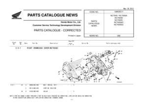 Page 171 
CODE NO. 13MGSC11 
  
 
PARTS CATALOGUE NEWS 
  
Honda Motor Co., Ltd. 
Customer Service Technology Development Division 
   
PARTS CATALOGUE - CORRECTED 
 
PA R T S  
CATALOGUE  NEWS  NC700S / NC700SA 
NC700SD 
NC700SC 
NC700SAC 
NC700SDC   
 
 
Printed in Japan 
 
NEWS NO.  006 
 
Reqd.QTY 
Block No.  Ref.
No. NotePart No. Description 
 
      NC700S 
    C   AC   DC 
Serial No. 
Parts catalogue code 
         
E-5-1 
 23A 90085-MCZ-000 BOLT, SPECIAL, 6X17...........  -   -   3    
  E 90114-MGE-D00...