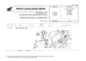 Page 172 
CODE NO. 13MGSC11 
  
 
PARTS CATALOGUE NEWS 
  
Honda Motor Co., Ltd. 
Customer Service Technology Development Division 
   
PARTS CATALOGUE - CORRECTED 
 
PA R T S  
CATALOGUE  NEWS  NC700S / NC700SA 
NC700SD NC700S
C 
NC700SAC 
NC700SDC 
 
 
 
Printed in Japan 
 
NEWS NO.  007 
 
Reqd.QTY 
Block No.  Ref.
No. NotePart No. Description 
 
      NC700S 
    C   AC   DC 
Serial No. 
Parts catalogue code 
         
F-16 
 23K 83705-MZ7-300 CLIP, HARNESS ................  3   3   3   
FUEL TANK/FUEL PUMP...