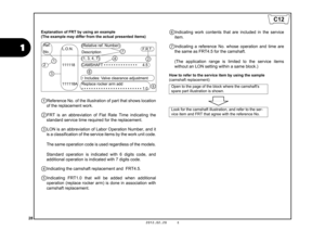 Page 3128
1
2012.02.20     E
Explanation of FRT by using an example 
(The example may differ from the actual presented items)
Reference No. of the illustration of part that shows location 
of the replacement work.
FRT is an abbreviation of Flat  Rate Time indicating the 
standard service time required for the replacement.
LON is an abbreviation of Labor Operation Number, and it 
is a classification of the service items by the work unit code.  
 
The same operation code is used regardless of the models....