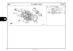 Page 4542
2012.02.20 E
E-2
  
 
CYLINDER HEAD
2
+ 3  .INCLUDES: Valve adjust and
 reface
 4 111115 GASKET, CYLINDER HEAD ••••••••   5.1
.INCLUDES: Engine removal and
 installation
 5 614130 PLUG, SPARK ••••••••••••••••••   0.1
6141B2 PLUG, SPARK :FOR 1 VEHICLE •••   0.1
 6 311131 INSULATOR, THROTTLE BODY/  CARBURETOR ••••••••••••••••••   1.8Ref.
No. L.O.N. (Relative ref. Number)
Description F.R.T.
E 3 