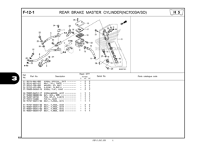 Page 9592
2012.02.20 E
F-12-1
  
 
REAR BRAKE MASTER CYLINDER(NC700SA/SD)
3
21 90114-MGE-000 SCREW, SPECIAL, 5X11  ••••••••   -   2   2 
22 90145-MS9-612 BOLT, OIL, 10X22  ••••••••••••   -   2   2 
23 90545-300-000 WASHER, OIL BOLT  ••••••••••••   -   4   4 
24 91212-422-006 O-RING, 14.8X2.4  ••••••••••••   -   1   1 
25 93600-04040-1G SCREW, FLAT, 4X40  •••••••••••   -   2   2 
26 93893-04012-17 SCREW-WASHER, 4X12  ••••••••••   -   1   1 
27 94002-08000-0S NUT, HEX., 8MM  ••••••••••••••   -   1   1 
28...